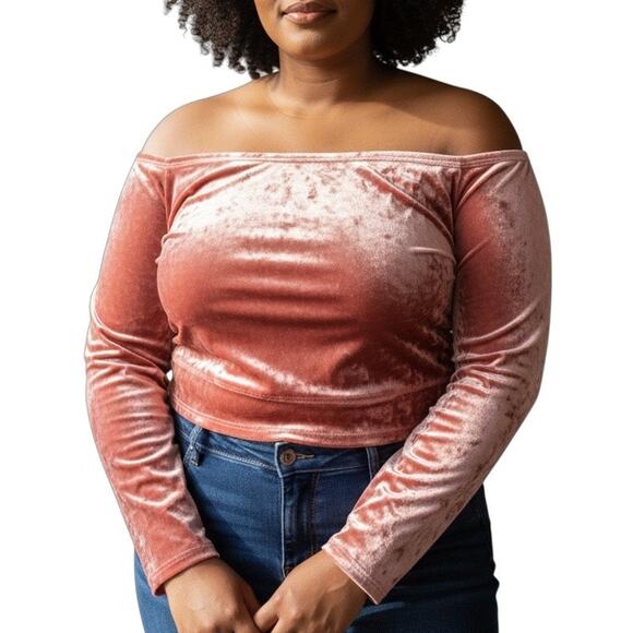 Yitty Plus Size 3X Pink Velvet Stretchy Long Sleeve Cropped Top Soft Luxe - Picture 9 of 9